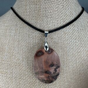 Oval Red Flower Picture Jasper Pendant on Black Satin Rope
